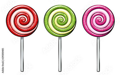 Lollipop spiral candies set in cartoon style on white background.