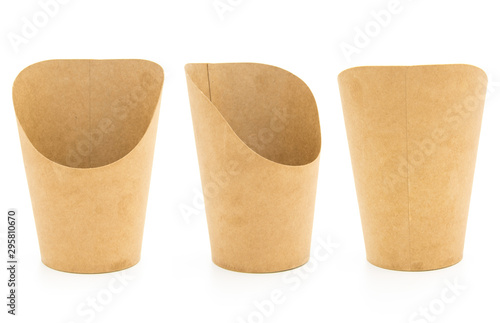 Set of kraft paper semicircular cylindrical shaped food containers isolated under the white background