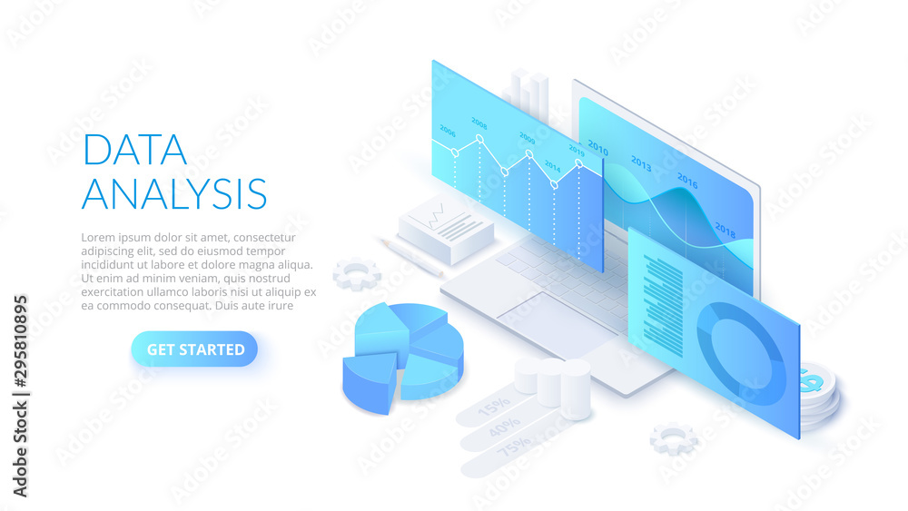 Data analysis design concept with laptop. Isometric vector illustration. Landing page template for web. - obrazy, fototapety, plakaty 