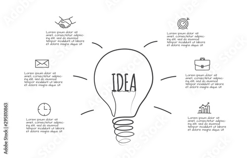 Doodle lightbulb infographic with 6 options. Hand drawn icons. Thin line illustration.