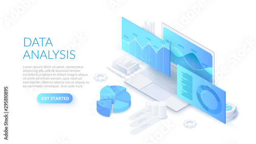 Data analysis design concept with laptop. Isometric vector illustration. Landing page template for web.