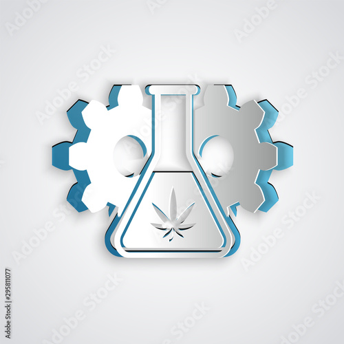 Paper cut Chemical test tube with marijuana or cannabis leaf icon isolated on grey background. Research concept. Laboratory CBD oil concept. Paper art style. Vector Illustration