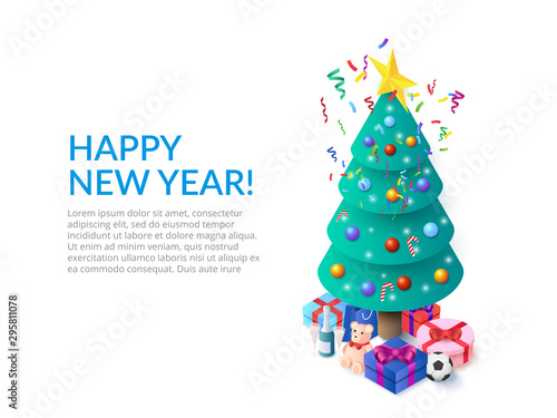 Christmas tree and gift boxes. Isometric vector illustration. Landing page template for web.