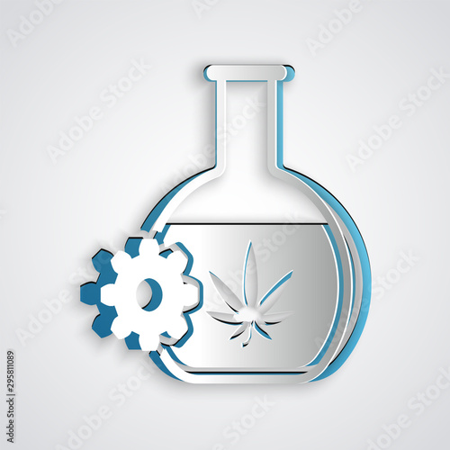 Paper cut Chemical test tube with marijuana or cannabis leaf icon isolated on grey background. Research concept. Laboratory CBD oil concept. Paper art style. Vector Illustration