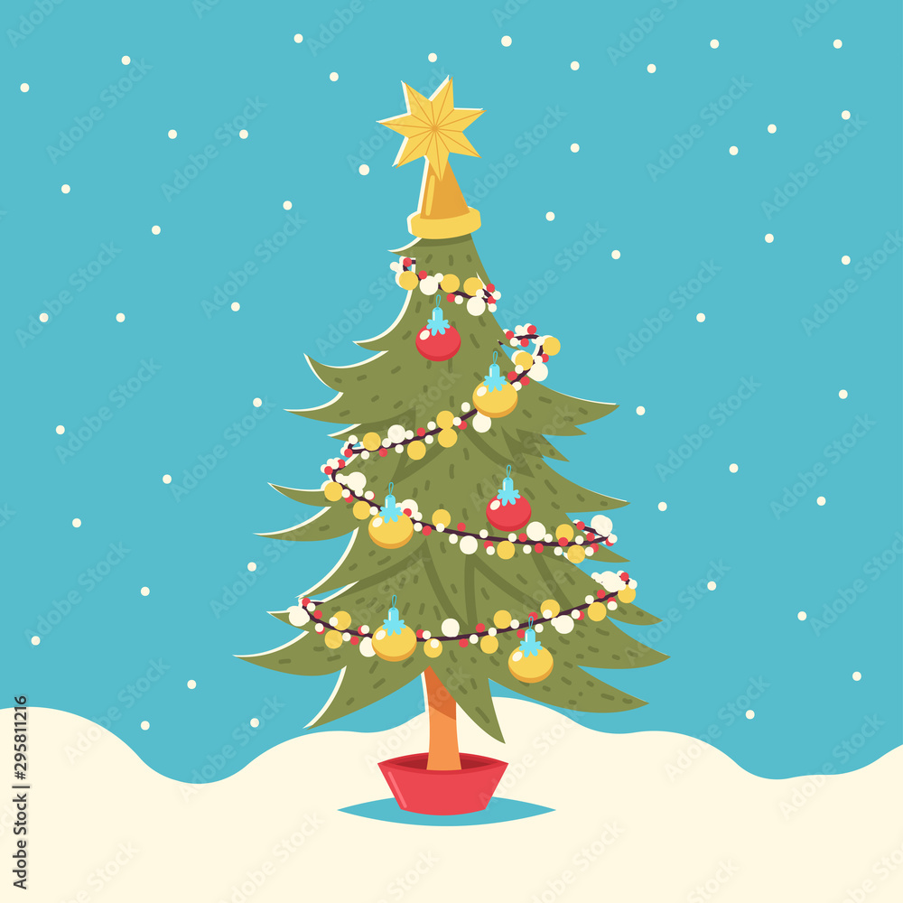 Obraz premium Decorated Christmas tree in a pot on a snow background. Vector cartoon illustration.