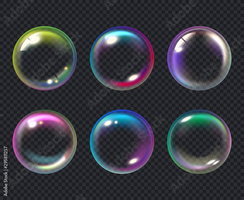 Soap bubbles. Liquid macro water bubble vector collection. Bubble soap, air transparent multicolored sphere illustration