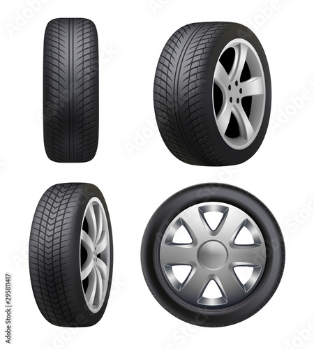 Tyres realistic. Automobile wheeling vector tyres for cars pictures isolated. Illustration tyre automobile, wheel auto rubber, car vehicle transportation