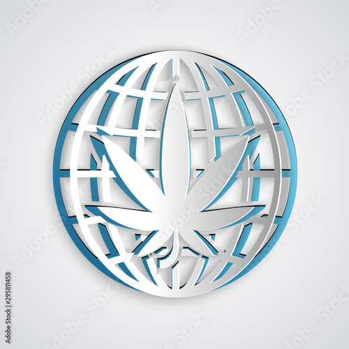 Paper cut Legalize marijuana or cannabis globe symbol icon isolated on grey background. Hemp symbol. Paper art style. Vector Illustration