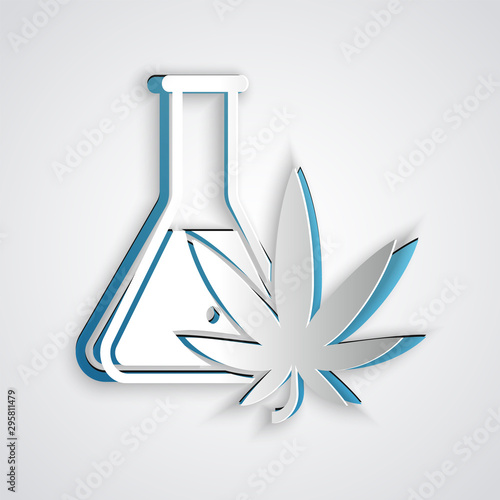 Paper cut Chemical test tube with marijuana or cannabis leaf icon isolated on grey background. Research concept. Laboratory CBD oil concept. Paper art style. Vector Illustration