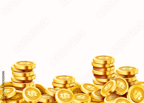 Golden shiny coins. Big bunch of old metal money. Precious expensive treasure.