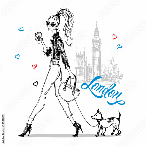 A girl in London walks her dog. Drink coffee. Graphics. Vector