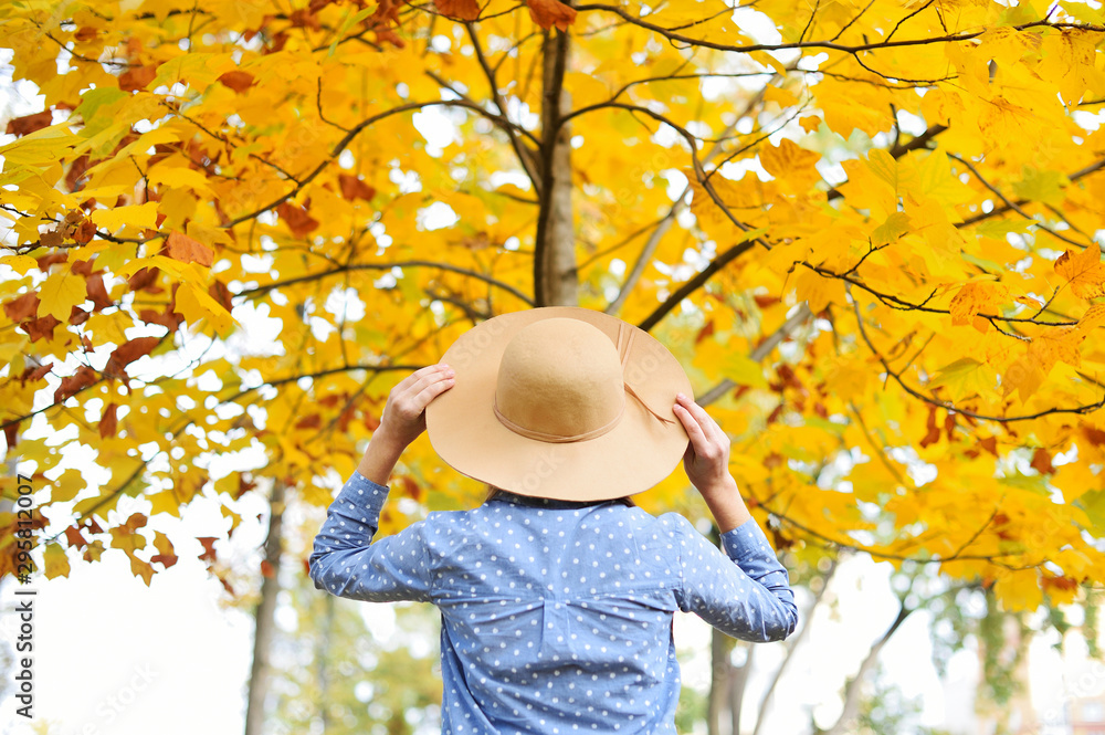 Autumn portrait of woman with hat outdoors. Back view