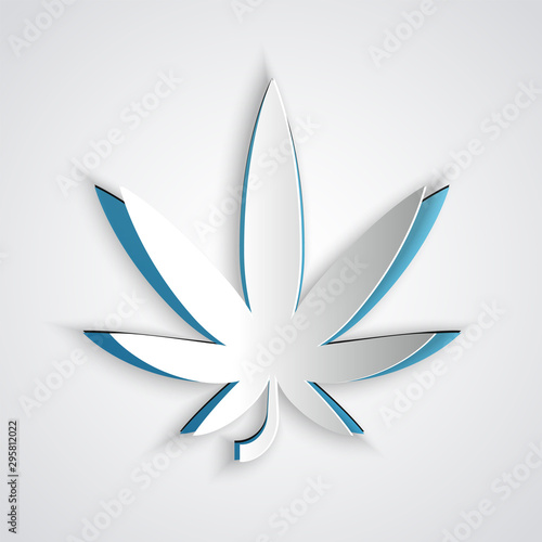 Paper cut Medical marijuana or cannabis leaf icon isolated on grey background. Hemp symbol. Paper art style. Vector Illustration