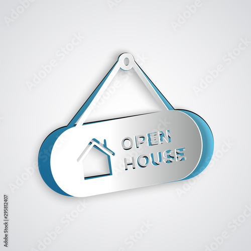 Paper cut Hanging sign with text Open house icon isolated on grey background. Signboard with text Open house. Paper art style. Vector Illustration