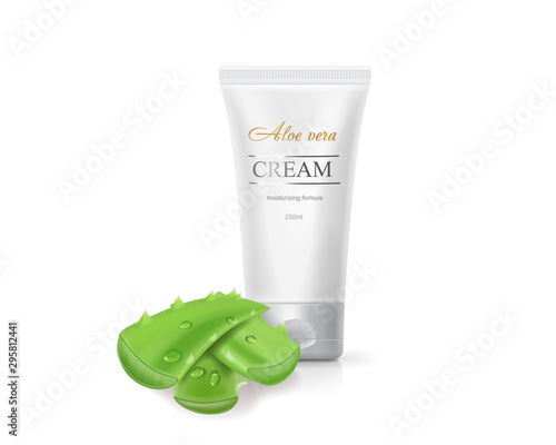 Aloe vera body cream, cosmetic skin care lotion in tube and aloe medicinal plant realistic vector illustration