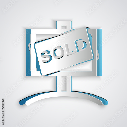 Paper cut Hanging sign with text Sold icon isolated on grey background. Sold sticker. Sold signboard. Paper art style. Vector Illustration