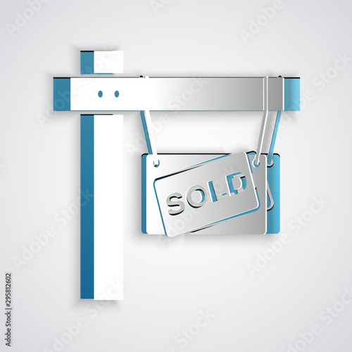 Paper cut Hanging sign with text Sold icon isolated on grey background. Sold sticker. Sold signboard. Paper art style. Vector Illustration