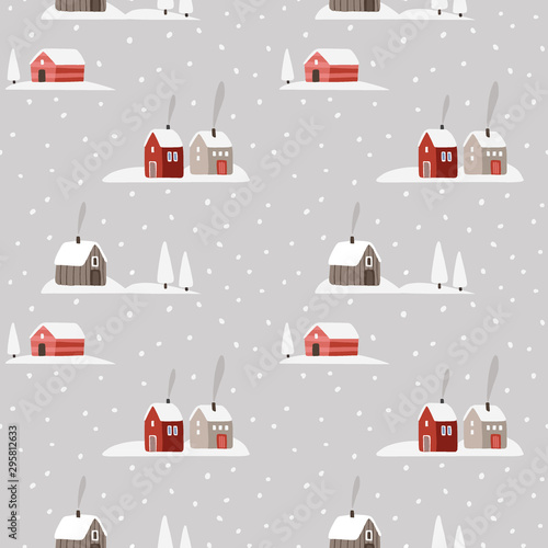 Beautiful Christmas seamless pattern. Winter snowy landscape with red houses, smoking chimney, white trees and falling snow. Nordic winter design for wrapping paper, textile. Vector background.