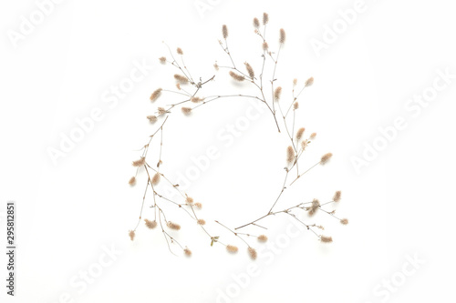 Isolated autumn frame of plants with place for your text on white background. fall flat lay  top view creative objects. Elements for Thanksgiving day design