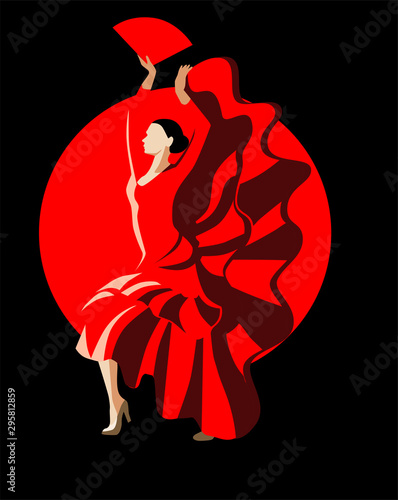 Slender woman in a red dress dancing flamenco dance.