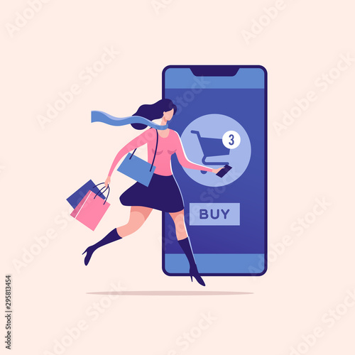 Concept of shopping online using smartphone. Woman walking with bags. Seasonal and holiday sale. Vector illustration.	