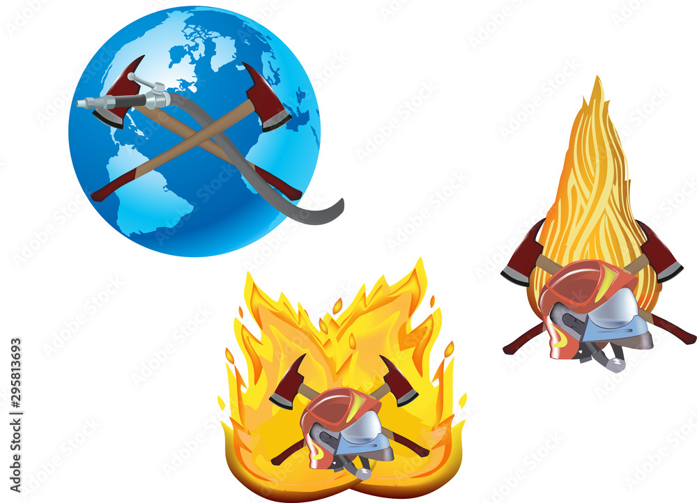 simboli vigile del fuoco fiamma e accetta casco