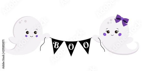 Vector clipart illustration cute, scary boy and girl ghost with boo triangles banner isolated on white background.