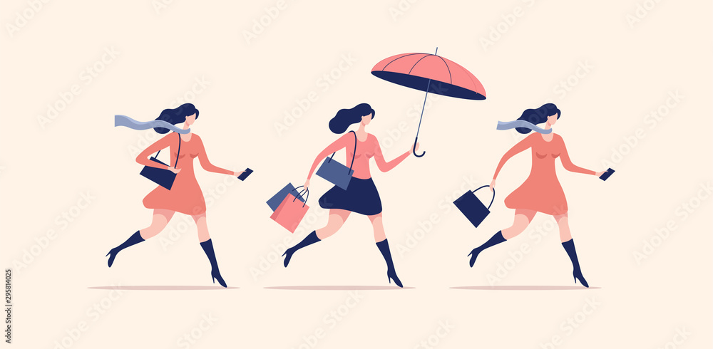 Set of women walking or running. Seasonal and holiday shopping. Vector illustration. Set of women walking or running. Seasonal and holiday shopping. Vector illustration.