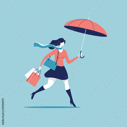 Woman walking or running with umbrella and shopping bags. Autumn seasonal and holiday shopping. Vector illustration.