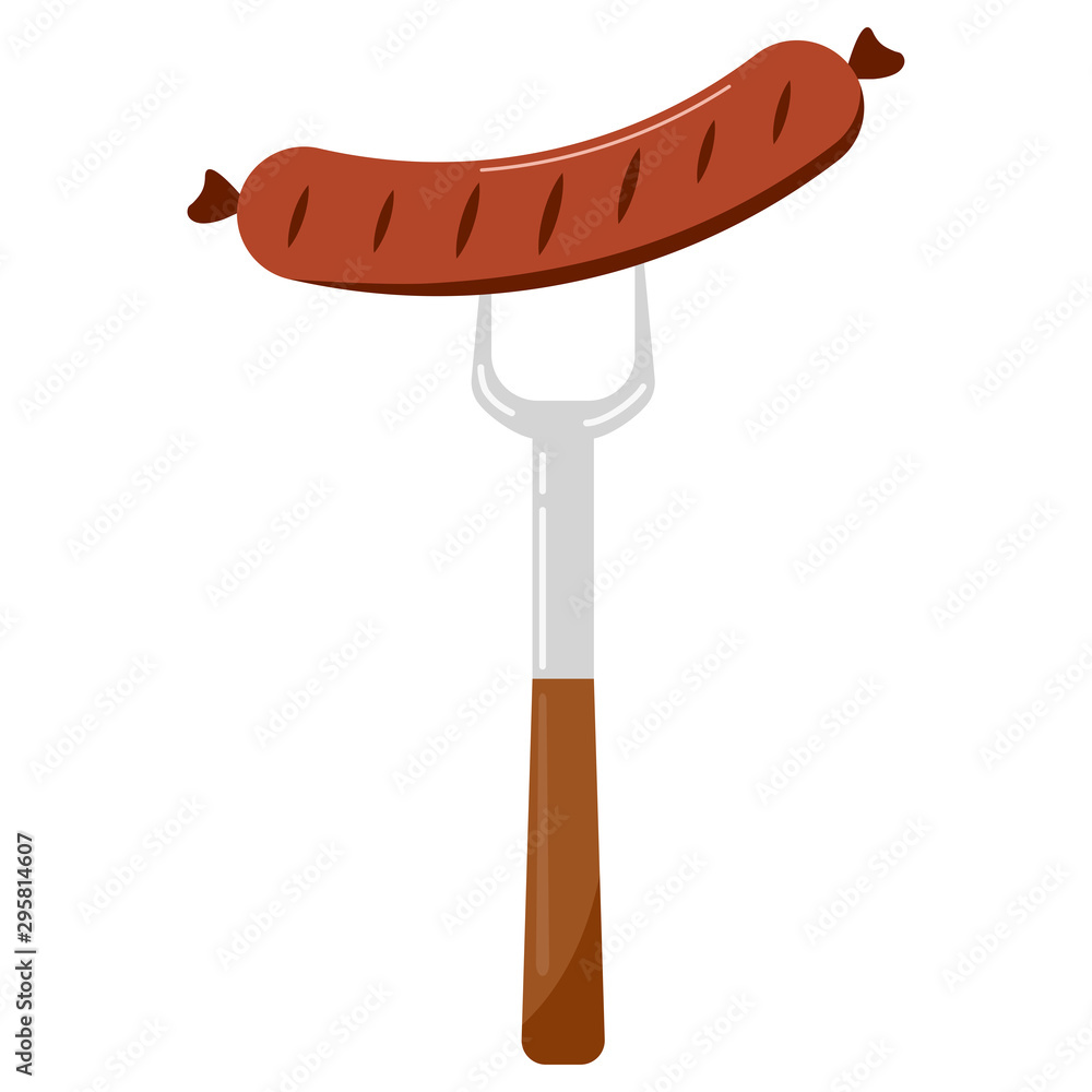 Vector illustration of food flat design hot sausage on a fork icon isolated on white background. Vector illustration of food flat design hot sausage on a fork icon isolated on white background.