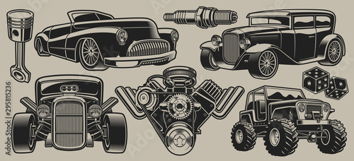 Set of vector classic cars and parts illustrations in vintage style