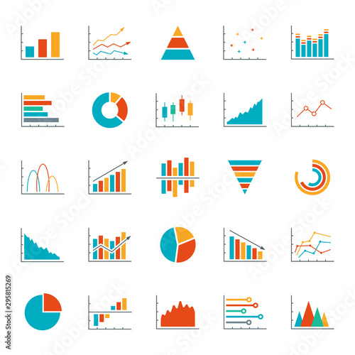 Graph, chart, diagram icon set. Business data design elements for web, report, presentation, finance analysis. Vector illustration.