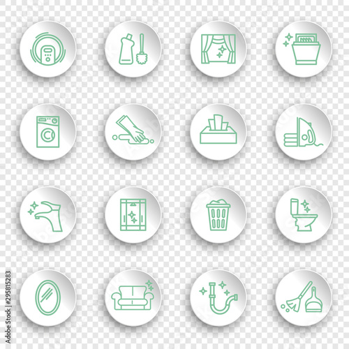 Cleaning and housework Icons, thin line style on white stickers with transparent shadows