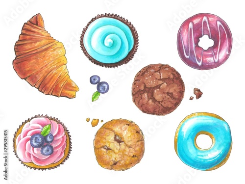 Illustrations of various sweets and pastries. Doughnuts, cookies, cupcakes with cream and a croissant