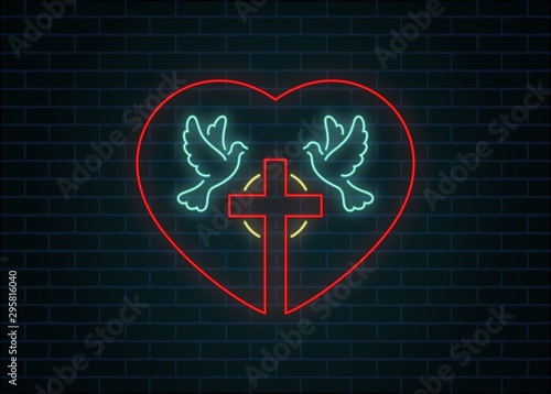 Color illustration of a neon doves cross with a halo and a heart. Vector illustration on a religious theme