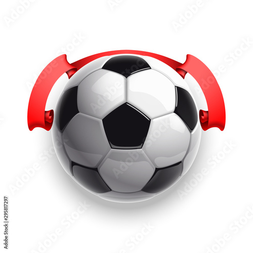 Football championship Design banner. Illustration banner with logo Realistic soccer ball and a red stripe Isolated on white background. black and white classic leather football ball with ribbon