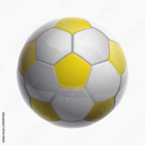 Football championship Design banner. Illustration banner with logo Realistic yellow glossy soccer ball Isolated on background. yellow classic leather football ball