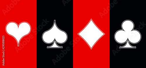 Set shape diamonds, clovers, hearts and spades Four Playing card suits icons template black and red color. High quality outline Playing card suit symbol shape pictogram for web design or mobile app