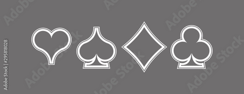 Icons Set shape diamonds, clovers, hearts, spades Four Playing card suits icons template. High quality outline Playing card suit shape symbol pictogram for web design or mobile app on gray background