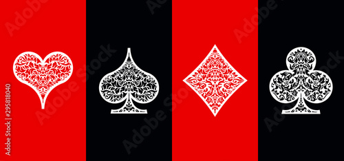 Set 4 Playing card suits icons decoration pattern diamonds, clovers, hearts, spades template on black and red background. Vintage Playing card suit ornament symbol pictogram for play casino poker game