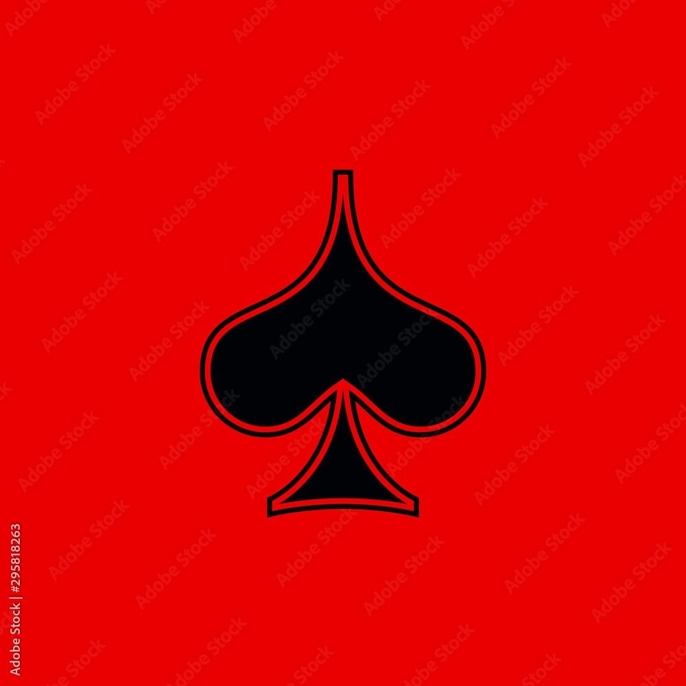 Fototapeta premium Poker playing card suit Spades outline shape single icon. Spades suit deck of playing cards used for ace in Las Vegas royal casino. Single icon illustration isolated on red. Drawing pic for tattoo.