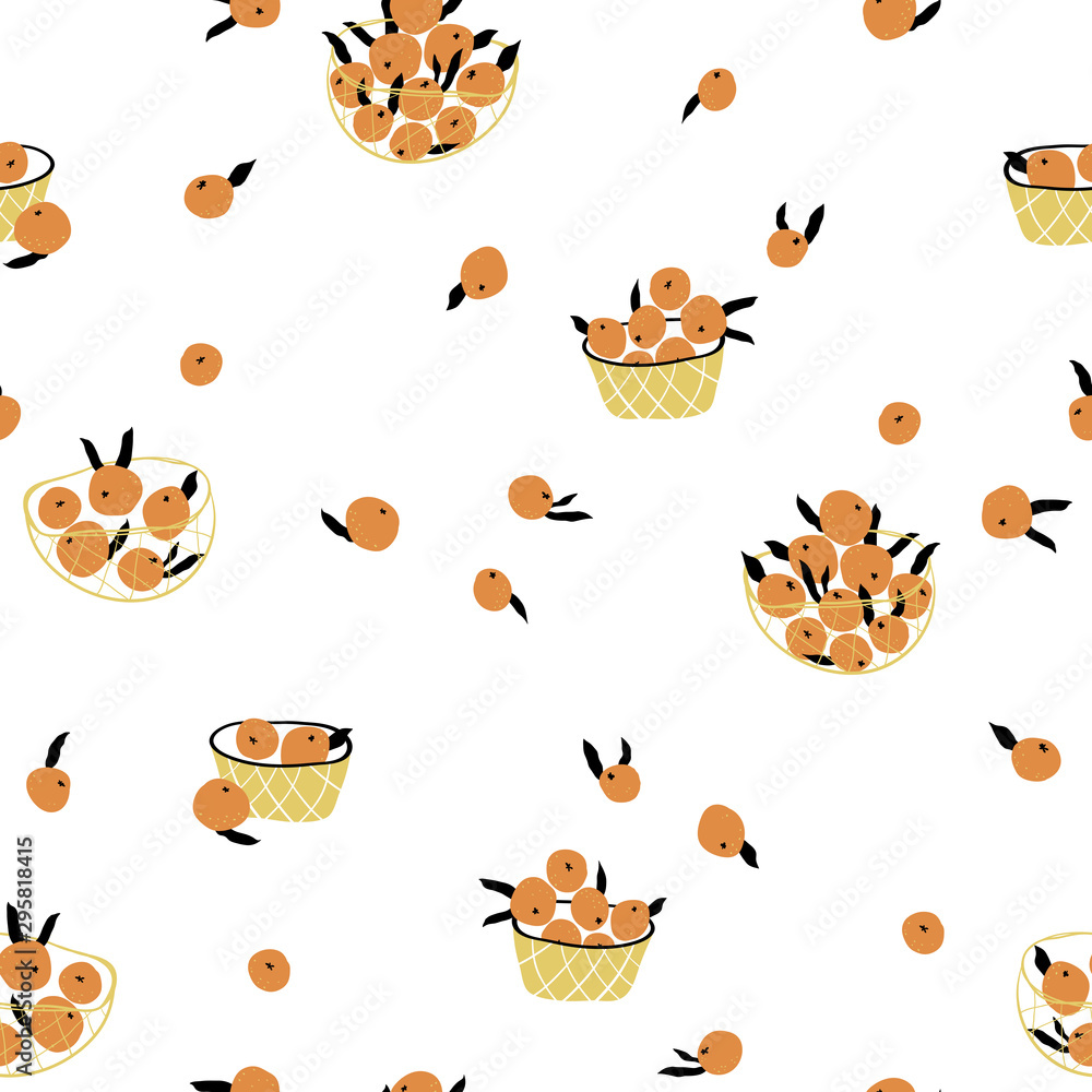 Orange citrus scandinavian pattern. Fruit in a basket and net. Vector seamless pattern in simple hand-drawn style. Ideal for printing textiles, etc.