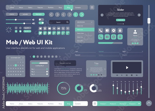 Flat Mobile Web UI Kit. Universal user interface for designing responsive websites, mobile apps. Gradient background. Different UX, GUI screens with buttons, slider, menu template. Modern space style.