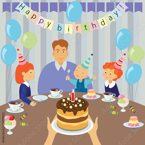 funny illustration on the theme of children's holiday. family at the table, birthday cake, children in holiday caps, balloons. vector illustration. EPS 10
