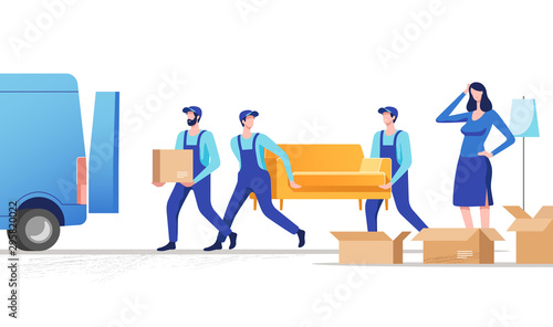 Moving house. Woman packing stuff to move to new house or apartment. Men carrying sofa and cardboard box. Vector illustration.
