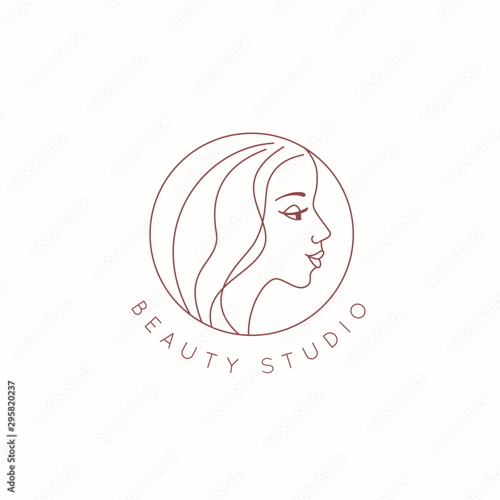 Vector abstract logo design template in trendy linear minimal style, emblem for beauty studio and cosmetics - female portrait, beautiful woman's face Vector abstract logo design template in trendy linear minimal style, emblem for beauty studio and cosmetics - female portrait, beautiful woman's face