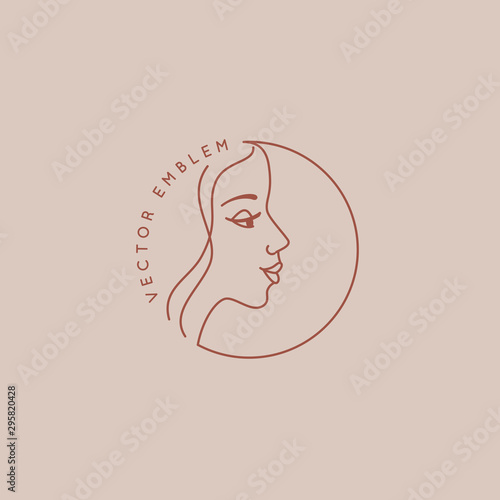 Vector abstract logo design template in trendy linear minimal style, emblem for beauty studio and cosmetics - female portrait, beautiful woman's face