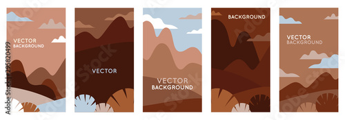 Vector illustration in trendy flat style and with copy space for text - landscape with mountains and hills- vertical banners, backgrounds