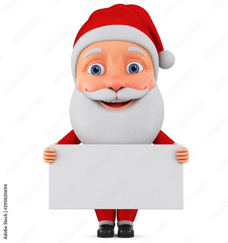Santa Claus cartoon character shows blank board on a white background. 3d rader illustration for the new year. Santa Claus cartoon character shows blank board on a white background. 3d rader illustration for the new year.