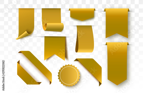 Gold blank tags and ribbons isolated. Vector banners, badges and labels.